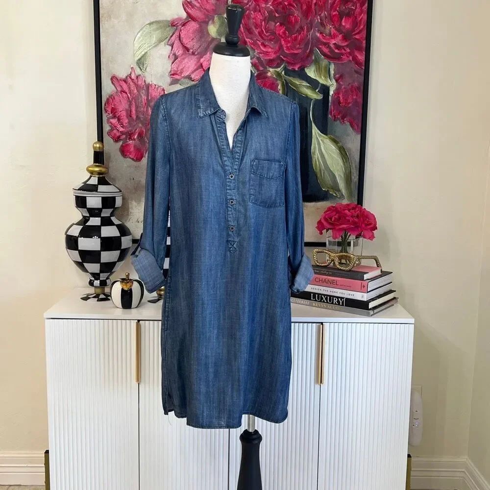 Lovestitch Women's Soft Denim Half Button Long Sleeve Shirt Dress Blue Medium